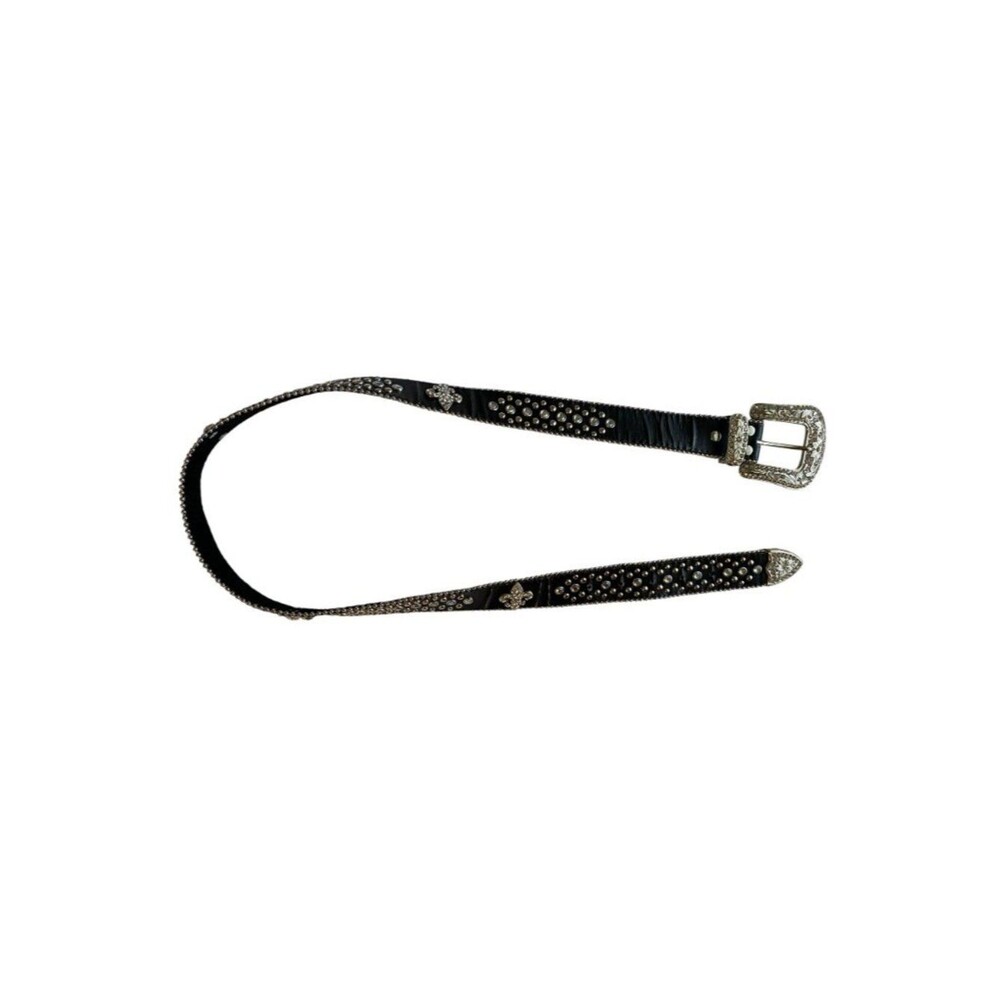 Black Leather Belt Rhinestone Silver Embellished Buckle Fleur-De-Lis Accents